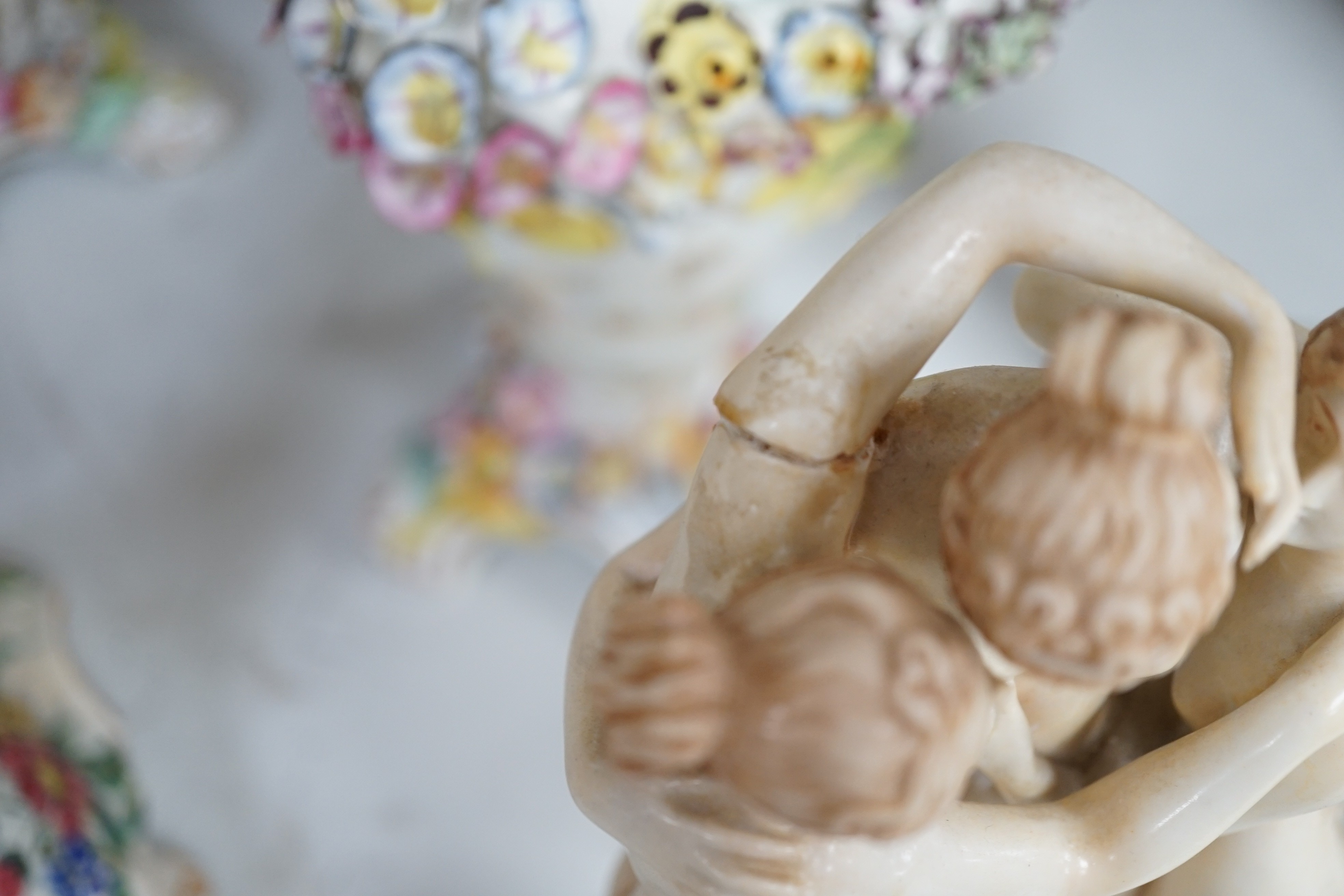A set of three Victorian Coalbrookdale type vases, a Continental Three Graces group and sundry ceramics, tallest 34cm